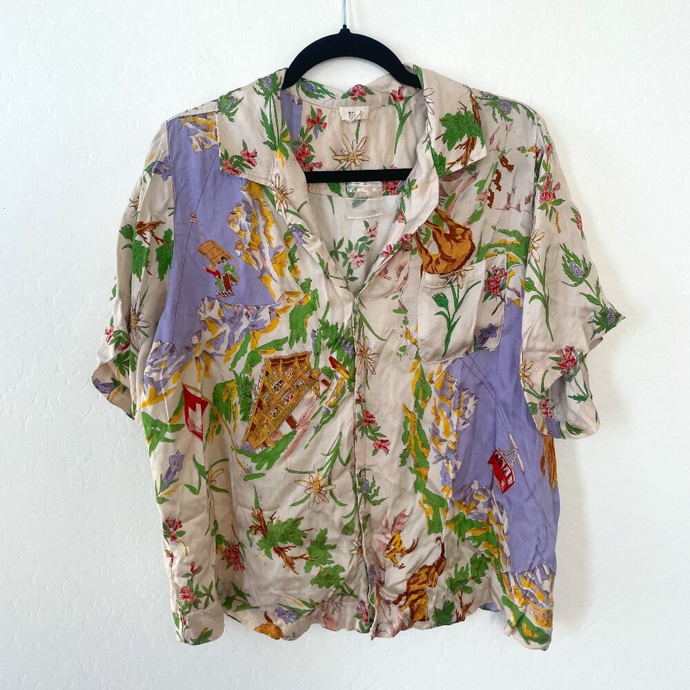 ⭐️Tiny Postcard Ski Swiss Alps Snow Holiday Vaca Vacation Button Down Art Blouse